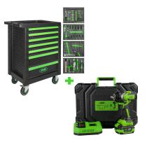 JBM SERIE497 - CARRO HERRAMIENTAS 7 CAJONES VERDE+PISTOLA IMPACTO BRUSHLESS